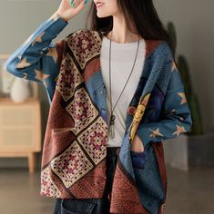 Print Retro Loose Fit Cardigan Multicolor V-neck Outerwear For Fall, Vintage V-neck Cardigan For Layering, Vintage Oversized V-neck Outerwear, Casual Multicolor V-neck Cardigan, Fall V-neck Patchwork Outerwear, Oversized V-neck Vintage Cardigan, Fall Patchwork V-neck Sweater, V-neck Multicolor Outerwear For Spring, Multicolor V-neck Outerwear For Layering