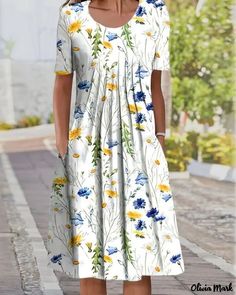 Color: white, Size: M Elegant Cotton Dress, Causal Dresses, Printed Casual Dresses, Cotton Blends Dress, Elegant Dresses For Women, Straight Dress, Crewneck Dress, Midi Short Sleeve Dress, Floral Fashion