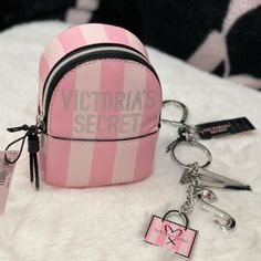 Victoria's Secret Striped Backpack Keychain * Attaches To Totes, Backpacks, Or Can Be Used Separately As Keychain * 3" L X 1.5 W X 4 H * Imported Polyurethane Victoria's Secret Shopping Bag Charm Keychain Shop Til You Drop With This Mini Shopping Bag Charm That Adds Vs Style To Bags And Keys. * Attaches To Totes, Backpacks, Or Can Be Used Separately As Keychain * 5"H * Made From Imported Metal Price Is Firm Pink School Bag With Keychain, Pink Bag Charm Keychain For Everyday Use, Mini Shopping Bag, Pink Keychain, Cute Mini Backpacks, Backpack Keychain, Keychain Charms, Victoria Secret Outfits, Cool School Supplies