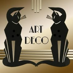 two black cats standing next to each other in front of a gold background with the words art deco