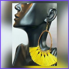 New! Same Day Or Next Business Day Shipping On All Orders Swipe Or Scroll To Observe Visual Measurements Amongst Additional Photos. Beautifully Crafted, Medium Hoop, Yellow Thread Tassel Earrings. 4” (Inches) Long Pic With $0.25 / Quarter So As To Indicate Size. Gold Tone Hardware. Cocktail Jewelry | Drop Earrings | Boho | Bohemian | Chandelier | Ear | Elegant | Pretty | Party | Date | Formal | Semi-Formal | Special Occasion | Statement Accessory Summer Yellow Hoop Jewelry, Yellow Jewelry With Ear Wire For Party, Yellow Ear Wire Party Earrings, Party Jewelry With Yellow Ear Wire, Yellow Hoop Earrings For Spring, Trendy Yellow Earrings With Ear Wire, Trendy Yellow Hoop Earrings For Gift, Trendy Yellow Hoop Earrings As Gift, Handmade Yellow Drop Hoop Earrings