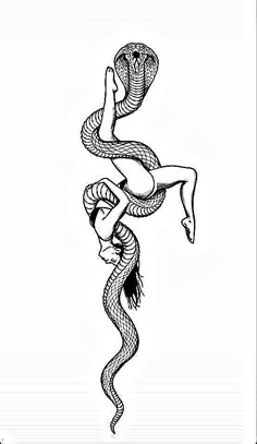 a black and white drawing of a woman with a snake on her head, in the air