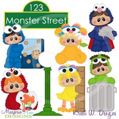 the sesame street characters are standing in front of a sign that says 123 monster street