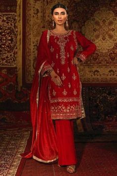 Elegant red silk zari and Zardozi work Pakistani designer bridal outfit, silk straight kurti with delicate embroidery all over with matching red Palazzo and dupatta. This dress is perfect for wedding. This is customise outfit so If you want any changes in the outfit please contact us we will guide you as per your preference. ✨We assure you that we use only high quality fabric and threads to make any dress and you won't face any problem regarding fabric. ✨We take little longer time for manufactur Nikah Dress Red, Red Bollywood Churidar In Raw Silk, Red Raw Silk Bollywood Churidar, Red Sharara With Straight Kurta For Traditional Ceremonies, Red Straight Kurta Sharara For Traditional Ceremonies, Red Raw Silk Salwar Kameez For Diwali, Red Raw Silk Churidar For Eid, Red Dola Silk Kurta For Eid, Red Dola Silk Churidar With Zari Work