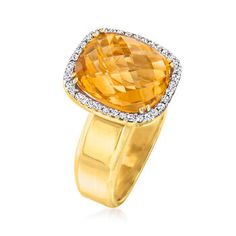 Ross-Simons - 5.00ct Citrine, .20ct t. w. Diamond Ring in 14kt Yellow Gold. Size 6. This stunning ring consists of a 5.00 carat rectangular cushion-cut citrine that blazes within a frame of .20 ct. t. w. round brilliant-cut diamonds. Set in polished 14kt yellow gold. 1/2" wide. Diamond and citrine ring. Citrine birthstones are the perfect gift for November birthdays. Citrine Birthstone, Rectangular Cushion, November Birthday, Citrine Ring, Round Brilliant Cut Diamond, Round Brilliant Cut, Cushion Cut, Round Brilliant, Citrine