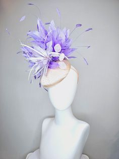 From the 2024 Featured Milliner of the Kentucky Derby Museum  Gorgeous Kentucky Derby hat fascinator  kentucky derby hat fascinator champagne neutral satin with lavender white feather flowers with purple violet feathers headband attachment.  each hat is totally one of a kind! no two are alike! * I can add feathers or flowers to any existing hat to help customize your look for a small fee. Message me for requests, I am happy to help!  *All hats are sold as displayed. No returns do to nature of pr Feather Flowers, Large Brim Hat, Derby Hats Fascinators, Types Of Hats, Hat Fascinator, Feather Headband, Feather Flower, Kentucky Derby Hat, Brim Hats