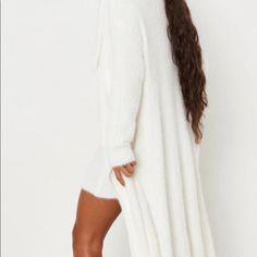 Make A Statement In This Gorgeous Fluffy Waterfall Cardigan By Missguided! White V-neck Sweater Coat For Winter, Winter White V-neck Outerwear For Layering, White Cozy Long Sleeve Cardigan, Winter White Long Sleeve Loungewear Cardigan, White Long Sleeve Cardigan For Loungewear, Cozy White Long Sleeve Cardigan, White Long Winter Sweater Coat, Long White Winter Sweater Coat, Long White Sweater Coat For Winter