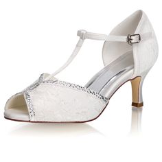 Women's Bridal Shoes Peep Toe 2.6'' Stiletto Mid Heel Lace Satin Pumps Rhinestone Sandals Wedding Shoes - florybridal Wedding Shoes Mid Heel, Butterfly Sandals, Sandals Wedding, Mesh Heels, Ankle Strap Sandals Heels, After The Wedding, Rhinestone Sandals, Satin Pumps, Wedding Sandals