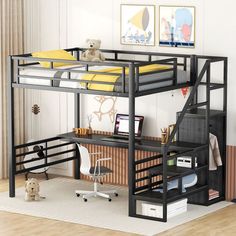 a loft bed with desk underneath it