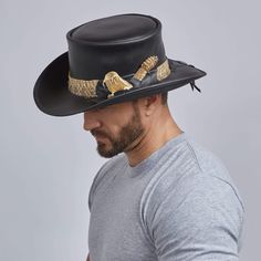 Pale Rider Black Finished Top Hat with Rattlesnake Band by American Hat Makers Rattlesnake Skin, Pale Rider, Leather Top Hat, American Hat Makers, Deer Skin, Top Hat, Hat Band, Leather Top, Try On