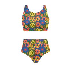 Bikini, Retro Bikini, Two piece Bikini Set, Mod Floral Bikini, 60s 70s Style Bikini, Retro Swimsuit, Multicolor Bikini, Women's Bikini A retro style swimwear I wanted to design to celebrate the 60s 70s era hence this cute floral pattern print design. Wear a big sunglasses with it. Comes with matching high waist bikini bottom. Material: Spandex and Polyester Custom and handmade to order. Designed in California, handmade overseas. Retro Triangle Top Swimwear For Beach Party, Retro Print Swimwear For Beach Season, Beachwear Swimwear With Retro Print For Poolside, Retro Print Beachwear Swimwear For Poolside, Retro Fitted Swimwear For Sunbathing, Retro Swimwear For Beach Season Swimming, Retro Multicolor Swimwear For Sunbathing, Retro Fitted Swimwear For Vacation, Retro Print Swimwear For Beach