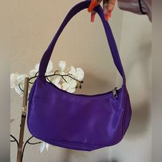 Baguette Bag, Purple Never Worn Everyday Purple Rectangular Shoulder Bag, Trendy Purple Baguette Bag For Everyday Use, Purple Baguette Shoulder Bag, Purple Rectangular Shoulder Bag With Zipper, Purple Shoulder Bag With Detachable Handle For On-the-go, Tan Purse, Silver Handbag, Wooden Bag, Bling Bags