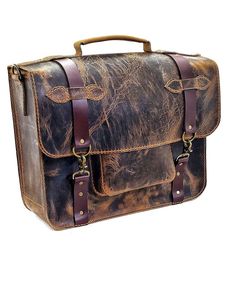 a brown leather briefcase sitting on top of a white background