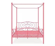 a pink metal bed frame with hearts on the headboard and foot board, against a white background