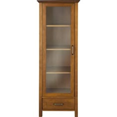 a tall wooden cabinet with glass doors on the front and bottom shelves, against a white background