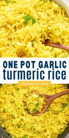 one pot garlic turmeric rice in a pan with a wooden spoon on the side