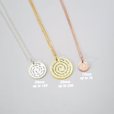 D I S C * N E C K L A C E ♡  On a hand crafted necklace hangs a inspirational disc charm to help you with Abundance, Acceptance, Creativity, to Feel Good, Mindfulness and Success. * Disc Diameter:12 mm//20mm/25mm[optional] * Chain Type: Cable chain * Finish:  Silver ∙ 18K Gold ∙ Rose Gold * Material: Copper ∙ 925 sterling silver * Font Chart/Gift wrapping:View the last 2 photos in the list. ♡ H O W * T O * O R D E R ♡  1. Complete the order 2. Amount of text: [12 mm/75characters/20 mm/150characters /25 mm/250characters] *We have two materials, the color behind the material is the color of the product itself Example: 925 Silver (Material) - Gold (FINISH（COLOR） ♡ T U R N * A R O U N D * T I M E ♡  * All items are custom made to order. Our turn around time is about 6 - 14 business days.    Th Personalized Spiritual Charm Necklace With Round Pendant, Meaningful Adjustable Charm Necklaces, Spiritual Round Personalized Charm Necklace, Meaningful Adjustable Round Charm Necklace, Meaningful Adjustable Round Charm Necklaces, Meaningful Nickel-free Round Necklaces, Spiritual Round Charm Necklace Personalized, Spiritual Engraved Charm Necklace For Personalized Gift, Spiritual Round Disc Necklace As Gift