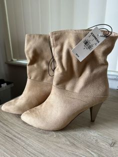 EXPRESS Women Vegan Suede Ankle Boots Pointed Toe Booties Tan Size 8  | eBay Trendy Mid-calf Boots With Medium Width, Trendy Wide Calf Closed Toe Heeled Boots, Ankle-high Booties For Fall, Spring Ankle-high Heels With Padded Ankle, Trendy Pointed Toe Mid-calf Boots For Spring, Ankle-high Heels With Padded Ankle For Spring, Spring High-top Heeled Boots With Reinforced Heel, Casual High Heel Mid-calf Boots For Fall, Casual High Heel Mid-calf Boots For Spring