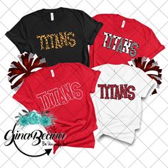 Titans School Spirit Shirts.. Custom to match your school colors Personalize it with a name on the back This tee fits true to size and is a UNISEX fit HOW TO ORDER: Select your size and get your shirt!. This updated unisex essential fits like a well-loved favorite, featuring an irresistibly soft cotton blend, crew neck and short sleeves. 3.6 oz., 100% combed and ring-spun cotton 40 single Retail fit Side-seamed Tear Away label Shipping: Your Tee will ship with in 1-3 business days. We do not shi Team-colored Varsity Tops For School, Team-colored Varsity School Tops, Game Day School Spirit T-shirt With Heat Transfer Vinyl, Red T-shirt With Name Print For Game Day, Varsity Style Team-colored School Top, Sporty School T-shirt With Name Print, Team-colored Tops For School Sports Season, Team-colored Top For School Sports Season, Pre-shrunk T-shirt For School Team Spirit