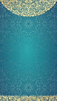 an ornate blue and gold background with swirly designs on the edges, in shades of green