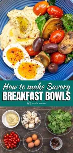 how to make savory breakfast bowls with eggs, tomatoes, mushrooms and spinach