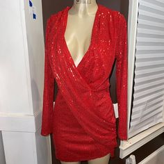 This Is A Brand New Sequin Dress With A Deep V Plunge Neck Line . Chic V-neck Dress For Holiday Party, Red V-neck Mini Dress For Holiday, Long Sleeve Mini Dress For Christmas Night Out, Christmas Long Sleeve Mini Dress For Night Out, Red V-neck Mini Dress For Party Season, V-neck Mini Dress For Christmas Party, Fitted V-neck Christmas Dress, Holiday Long Sleeve Party Dress, V-neck Christmas Mini Dress For Holiday