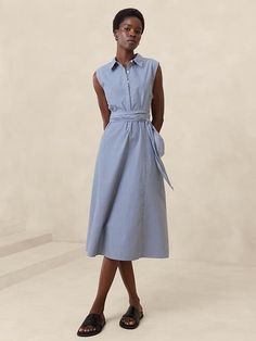 Poplin Cross-Waist Midi Dress | Banana Republic Factory Sleeveless Cotton Shirt Dress For Work, Sleeveless Belted Shirt Dress For Work, Chic Sleeveless Shirt Dress With Pockets, Chic Button-up Sleeveless Dress For Work, Chic Sleeveless Button-up Dress For Work, Chic Sleeveless Work Dress With Pockets, Chic Sleeveless Belted Shirt Dress, Sleeveless Shirt Dress With Pockets For Spring, Sleeveless Shirt Dress With Pockets For Daywear