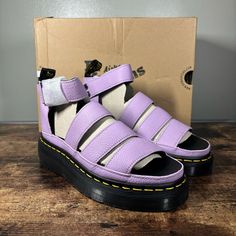 Women’s Size 6 Brand New In Box Dr Martens Clarissa Ii, Dr Martens Clarissa, Shoes Dr Martens, Leather Platform Sandals, Dr Martens Shoes, Purple Leather, Lilac Purple, Dr. Martens, Platform Sandals