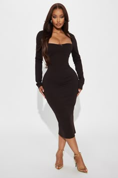 Pure Heart Ponte Midi Dress - Brown | Fashion Nova Fashion Nova Dress Formal, Black Bodycon Maxi Dress, Casual Chic Street Style, Black Long Sleeve Midi Dress, Dress Sweetheart Neckline, Bodycon Maxi Dress, Pure Heart, Bodycon Maxi Dresses, Fashion Nova Dress