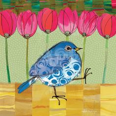 a blue bird sitting on top of a wooden table next to pink tulips