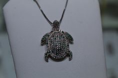 White and Green Zircon gem covered turtle pendant necklace Larimar Necklace, Turtle Pendant, Silver Box, Opal Pendants, Box Chain, Beautiful Blue, Love A, Trend Setter, Rhodium Plated