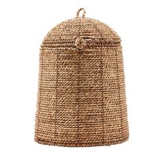 a large woven basket with handles on the top and bottom, sitting against a white background