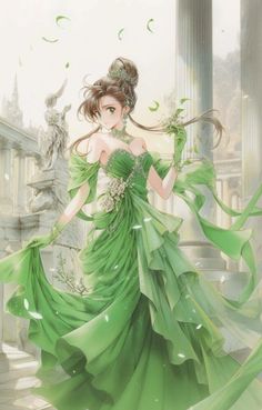 a woman in a green dress standing next to a fountain with her hair blowing in the wind