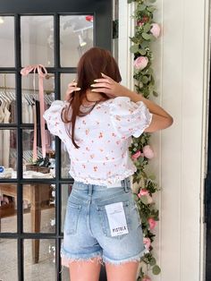 This short sleeve crop top features a sweetheart neckline, front tie, a floral pattern, and is made from cotton and rayon Short Loungewear, Short Sleeve Crop Top, Ruffle Crop Top, Short Sleeve Cropped Top, Summer Day, Ruffle Trim, Skirt Pants, Sweetheart Neckline, Sweater Jacket