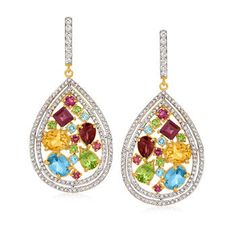 Ross-Simons - 13.90ct t. w. Multi-Gemstone Drop Earrings in 18kt Gold Over. Confetti-colored gems are a gorgeous look! These elegant teardrop earrings shimmer with bright bevies of 11.40 ct. tot. gem wt. multi-shaped Swiss blue topaz, citrine, rhodolite garnet, peridot, chrome diopside and garnet inside double borders of 2.50 ct. t. w. white zircon rounds in white rhodium. Set in polished 18kt yellow gold over sterling silver. Hanging length is 2 1/8". Hinged post, multi-gemstone drop earrings. Formal Multi-stone Fine Jewelry Earrings, Formal Multi-stone Drop Earrings, Multicolor Gemstone Accented Fine Jewelry Earrings, Multicolor Gemstone-accented Fine Jewelry Earrings, Formal Multicolor Gemstone Earrings, Yellow Gold Multi-stone Earrings In Cubic Zirconia, Formal Multi-stone Cubic Zirconia Earrings, Yellow Gold Cubic Zirconia Multi-stone Earrings, Multicolor Gemstone Accented Earrings For Formal Occasions