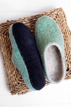 Felt warm women wool slippers green color mixed with natural beige color. Material that we use is high quality sheep's wool. Felt house slippers are felted using soap and warm water. No chemicals added. Soft slippers are warm comfy and cozy. Wool protects your feet from overheating so no sweat guaranteed. Give your feet some nice moments to relax with these hygge wool slippers. Slippers color is blush green mixed with natural no colored beige color. Sole: Suede leather (navy blue color). SOLE: T Green Cushioned Slippers With Round Toe, Green Round Toe Slippers With Cushioned Footbed, Green Cushioned Round Toe Slippers, Green Comfortable Slippers With Round Toe, Comfortable Green Indoor Slippers, Comfortable Green Winter Slippers, Comfortable Green Slippers For Winter, Comfortable Green Closed Toe Slippers, Green Slip-on Winter Slippers