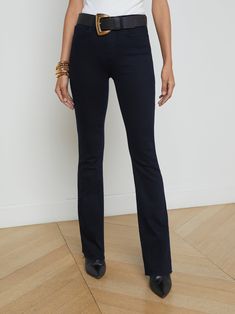 Ruth is the classic straight-leg, perfected. Now back in an ultra dark indigo wash. • Soft stretch denim• High-rise straight-leg• 5-pocket design• Raw hem• Zip fly and button closure• 34" inseam | L'AGENCE Ruth Straight-Leg Jean In Metro Classic Dark Wash Flare Jeans For Work, Chic Straight Silhouette Jeans With Five Pockets, Chic Dark Wash Straight Bottoms, Chic Straight Silhouette Jeans, Straight Fit Flare Jeans For Work, Classic Flare Jeans For Workwear, Elegant Denim Blue Bottoms For Fall, Straight Silhouette Jeans With Five Pockets For Work, Elegant Straight Hem Jeans With Five Pockets