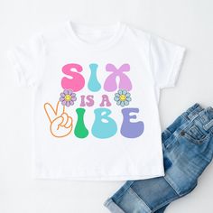 Six is a Vibe Groovy Retro Birthday shirt, unique cute shirt to remember your little one's  Birthday!! Please read all the info before placing your order. The price you see is per shirt, please read the size chart in the last pictures of listings before placing your order. How to order a shirt: *Select the STYLE *Select the SIZE *Select the Quantity *Add Personalization *Add to cart *Go back and Repeat for each size (if you need more than one shirt) SHIRTS INFO: *Color:Pink, White, Natural 100% Six Is A Vibe Birthday, 6th Birthday Girl Shirt, 6th Birthday Girl, 6th Birthday Girls, Sixth Birthday, Outfit Retro, Retro Birthday, Groovy Retro, Birthday Girl Shirt