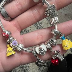 Authentic Pandora Bracelet With Disney Charms ! - Sleepy Beauty - Mary Poppins - Snow White - Beauty And The Beast Themed Silver Jewelry For Disney Fan Events, Themed Jewelry For Disney Fan Events, Pandora Bracelet Charms Ideas Disney, Beauty And The Beast Pandora Bracelet, Pandora Beauty And The Beast, Pandora Bracelet Disney, Personalized Disney Silver Jewelry, Adjustable Disney Style Bracelets, Disney Silver Bracelet For A Gift