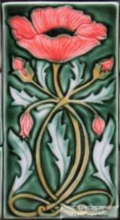 an art nouveau tile with pink flowers on it