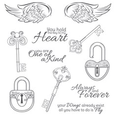 a set of stamps with the words you hold my heart, one of kind and two locks