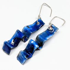 These Handcrafted Statement Earrings Are Made Of Copper With Layers Of Lead-Free Vitreous Enamel With A Kiln Firing After Each. They Are Have Accordion Folds And Are About 3" Long. They Have Sterling Silver Ear Wires. One Of A Kind And Brand New Without Tags Blue Enamel Dangle Jewelry, Blue Metal Earrings For Gift, Unique Blue Earrings, Unique Blue Dangle Earrings, Unique Blue Earrings With Ear Wire, Blue Enamel Jewelry With Matching Earrings, Modern Blue Metal Earrings, Unique Blue Drop Earrings, Blue Soldered Dangle Jewelry