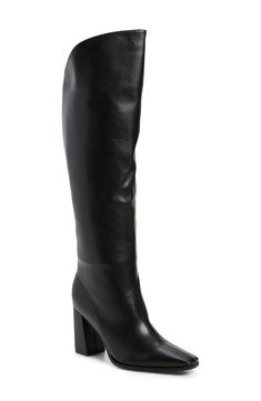 A square toe and angled shaft lend geometric intrigue to a streamlined boot done in faux leather. Side zip closure Synthetic upper, lining and sole Imported Asian & Pacific Islander Owned/Founded Formal Platform Boots With Stacked Heel And Square Toe, Formal Square Toe Platform Boots With Stacked Heel, Sleek High Shaft Heeled Boots For Fall, Faux Leather Square Toe Fitted Boots, Fitted High Shaft Platform Boots For Work, Sleek High-shaft Boots For Fall, Evening Platform Boots With Square Toe, Evening Boots With Stacked Heel And Square Toe, Evening Square Toe Boots With Stacked Heel