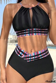 Olivia Mark - Halter Cross Strap Bikini Set with Open Back in Elegant Black Print Plus Size Yoga, Black Halter, Plus Size Bra, Summer Color, Plus Size Swimwear, Lingerie Fashion, Shop Swimwear, One Piece Swimwear, Color Stripes