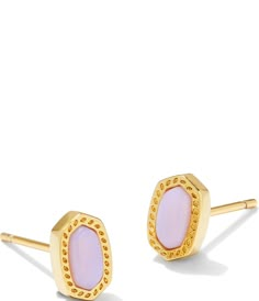 From Kendra Scott, these earrings feature:  Stud earrings14k gold plated brassPost back closureApprox. 0.31" L x 0.21" WImported. Kendra Scott Earrings Studs, Pink Kendra Scott, Kendra Earrings, Kendra Scott Gold Hoop Earrings, Kendra Scott Sophia Drop Earrings, Pink Kendra Scott Earrings, Preppy Earrings, Jewelry Wishlist, Opalite Crystal