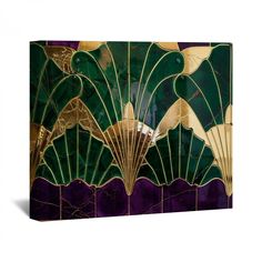 an art deco painting with green and gold fan shapes on it's sides, against a white background