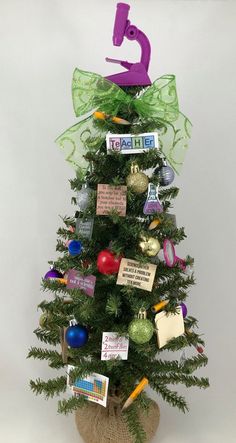 a small christmas tree with lots of decorations on it's branches and tags attached to the top