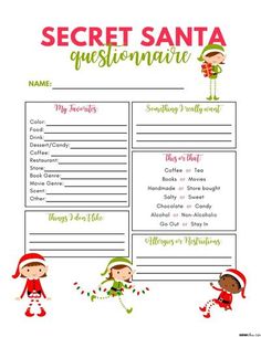 the secret santa question sheet is in red and green with two elves on it's side