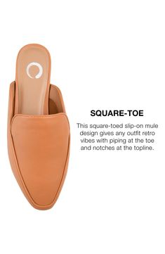 Slip on the Akza to give any outfit retro vibes. A backless version of a classic loafer, this easy-wear mule features a notched topline, stitched piping, and tiny stacked heel for sophisticated style with everyday comfort. Sizing: M=standard width 1" heel Square apron toe Slip-on style Open counter Padded footbed Low block heel Manmade upper/sole Imported Trendy Brown Slip-on Mules, Trendy Synthetic Slip-ons For Fall, Casual Synthetic Mules For Work, Summer Workwear Loafers With Square Toe, Classic Fitted Mules For Spring, Summer Workwear Flat Slip-ons, Trendy Slip-on Mules With Removable Insole, Classic Slip-on Mules For Everyday, Trendy Slip-on Mules For Day Out