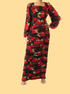 Roses are Red  bodycon chiffon maxi dress Kabayare Exaggerated Sleeves, Red Bodycon, Maxi Cardigan, Roses Are Red, Floral Print Chiffon, Romantic Dinner, Chiffon Material, Chiffon Maxi, Satin Maxi Dress